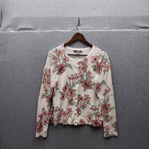 Floral Print Button-Down Cardigan By Marled M Rayon/Nylon Pink & White